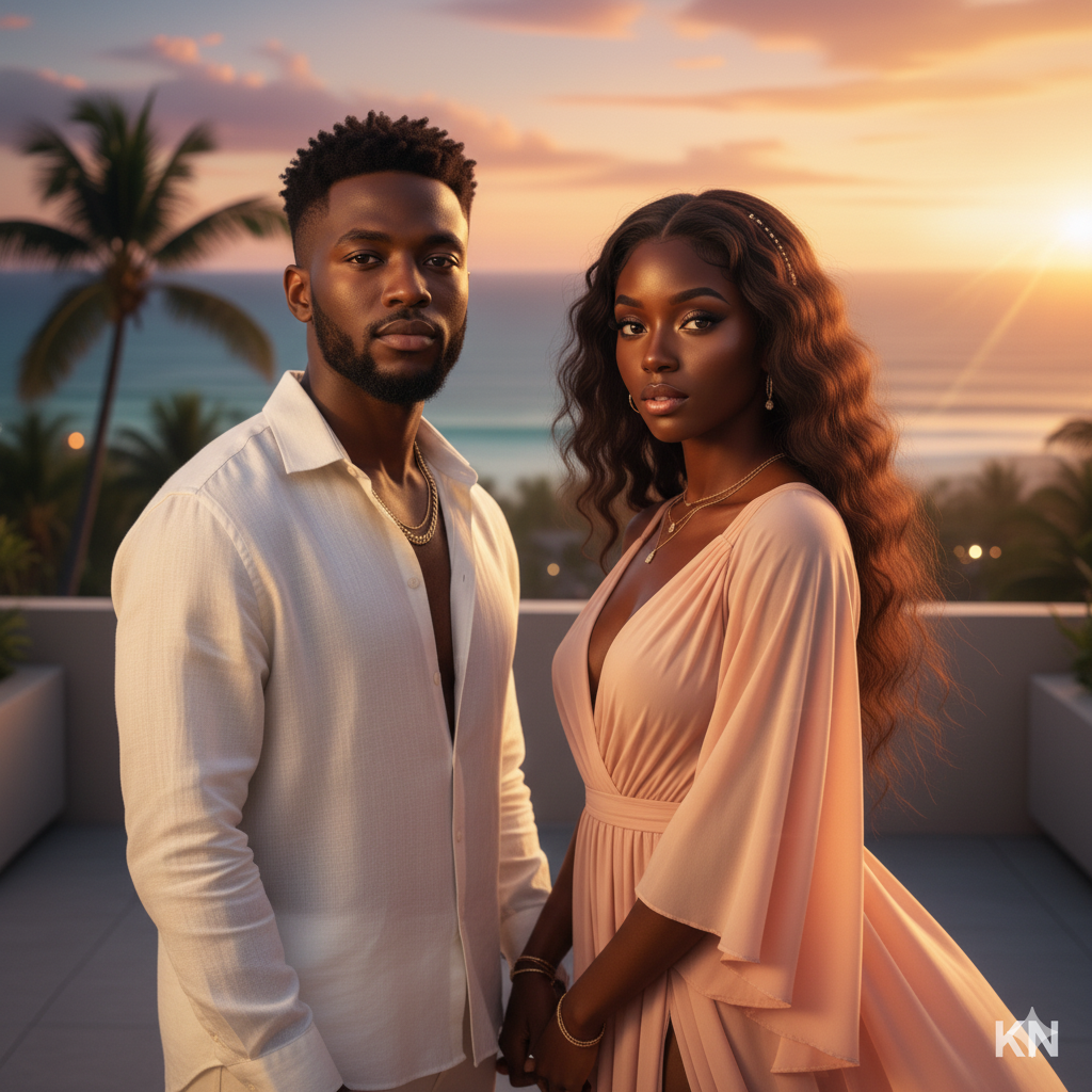 Rooftop or terrace scene at sunset